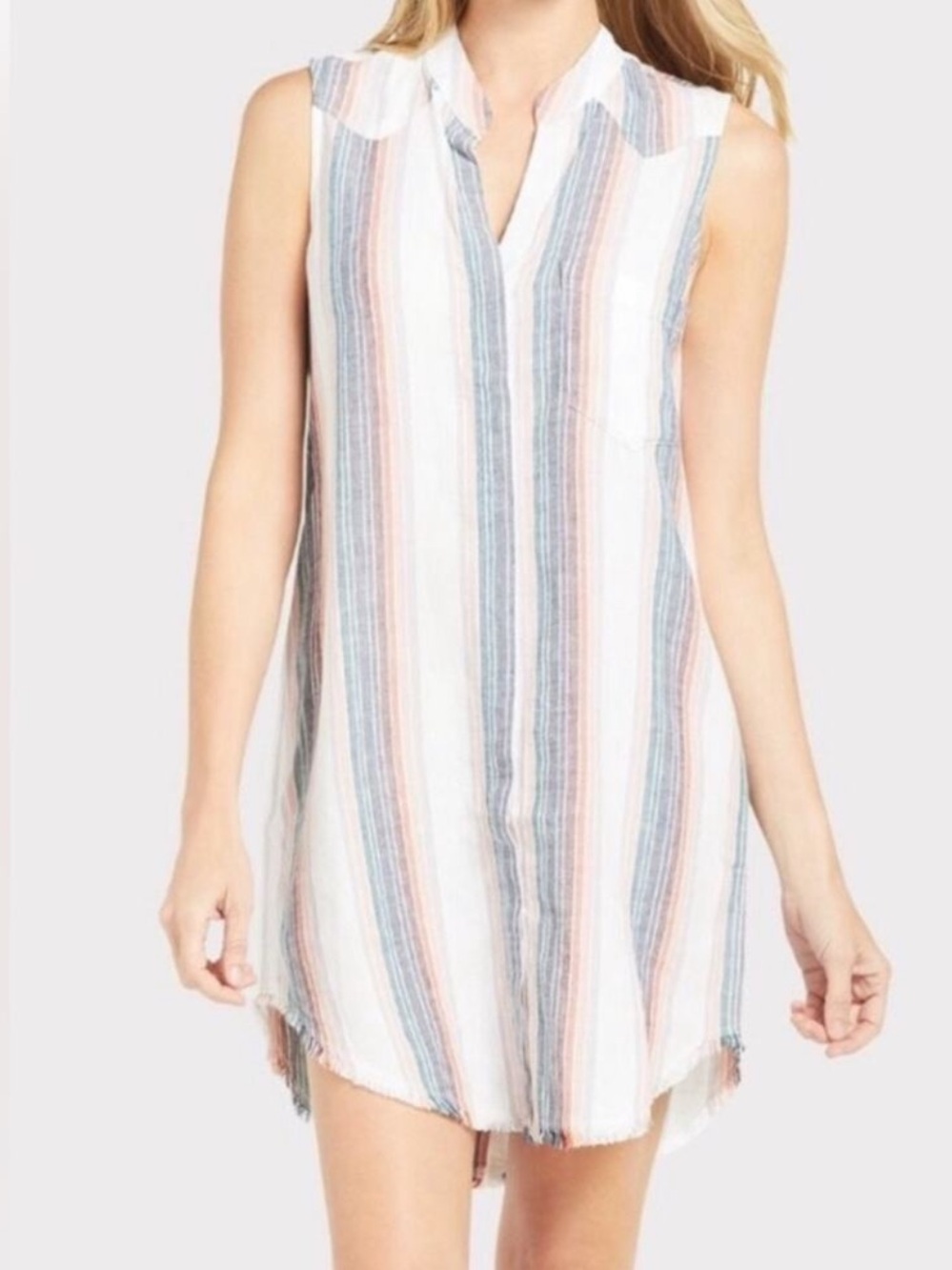 Cloth & Stone Anthropologie Stripe Button Dress Fray Pink Blue Small